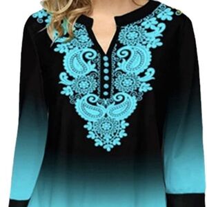 L Gradient Irregular Shirt Print Button VNeck ThreeQuarter Sleeve Ladies Blouse